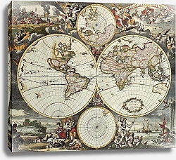 Постер Old map of world hemispheres. Created by Frederick De Wit, published in Amsterdam, 1668