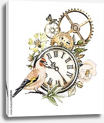 Постер Стимпанк часовой механизм с цветами и птицей