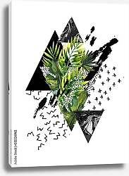 Постер Современный набор из акварельных листьев и геометрических форм