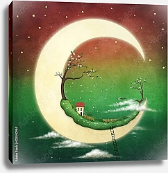 Постер Дом с вишневыми деревьями на луне