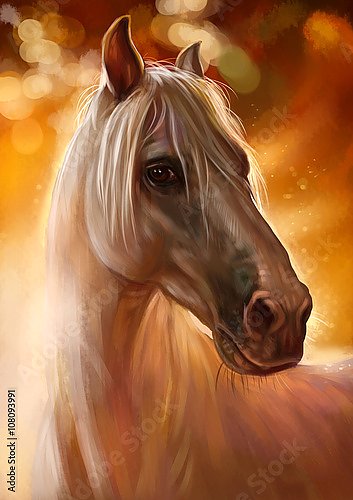 Портрет белой лошади на золотом фоне