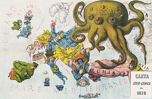Изображение Европы 1878 года с использованием карикатур и чудовищного кракена