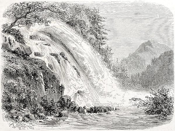 Calcaggia waterfalls, Switzerland. Created by Freeman, published on L'Illustration Journal Universel