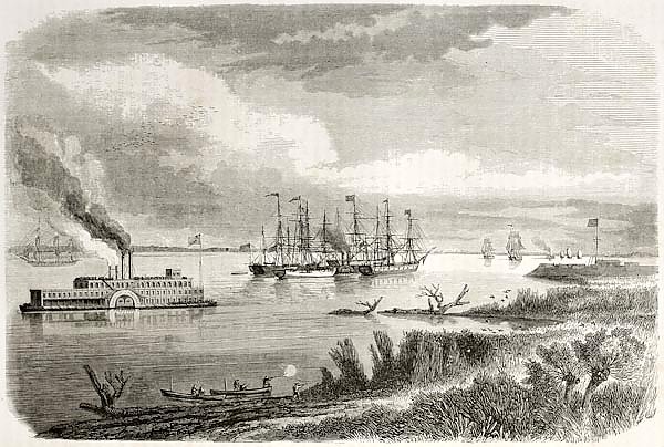 Steamship and tug sailing down the Mississipi. Created by Berard after Reclus, published on Le Tour 