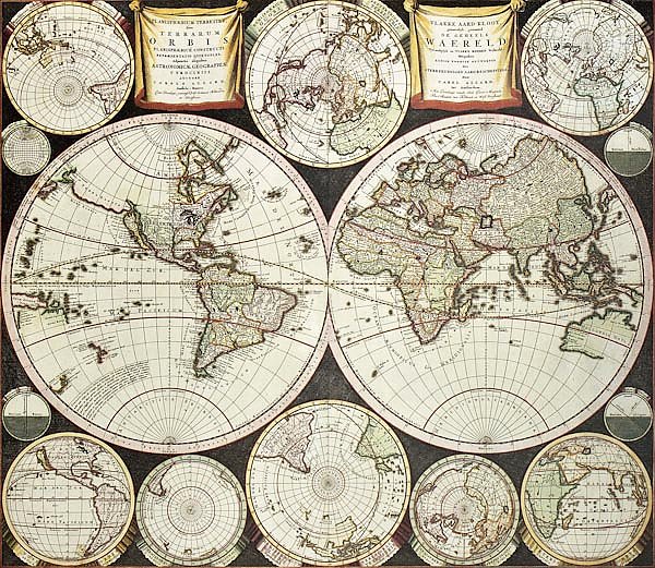 Old double emisphere map of the world surrounded by smallest emispheric projections. Created by Care