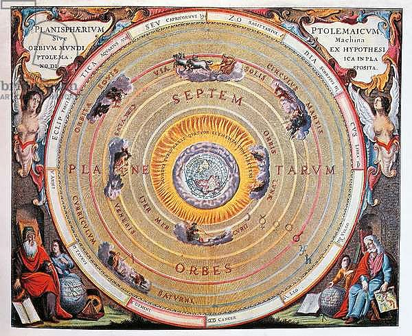 World Map, study of the Earth based on Ptolemy's theories, 1660, engraving from Harmonia Macrocosmica, by Andreas Cellarius, Amsterdam, The Netherlands.