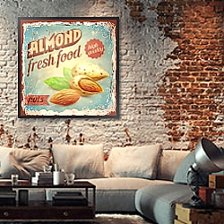 «Ретро-плакат с миндалем» в интерьере гостиной в стиле лофт с кирпичной стеной