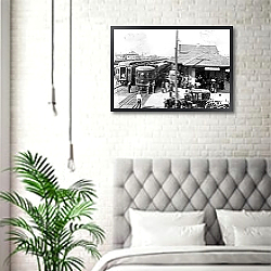 «История в черно-белых фото 392» в интерьере спальни в скандинавском стиле над кроватью