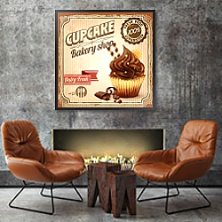 «Шоколадный капкейк, ретро-плакат» в интерьере в стиле лофт с бетонной стеной над камином