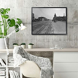 «История в черно-белых фото 135» в интерьере кабинета в скандинавском стиле с бетонной стеной