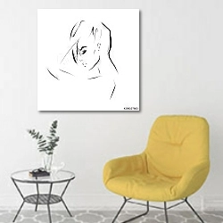 «Молодая девушка в профиль» в интерьере комнаты в скандинавском стиле с желтым креслом