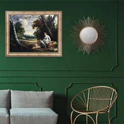 «Церера и собирающие урожай купидоны» в интерьере классической гостиной с зеленой стеной над диваном