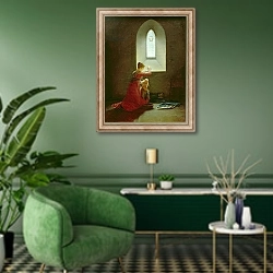 «Genevieve of Brabant Baptising her Son in Prison» в интерьере гостиной в зеленых тонах