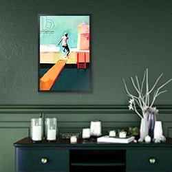 «Pool Day, 2011, Collage on Paper» в интерьере гостиной с розовым диваном