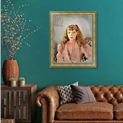«Portrait of Grand Duchess Olga Alexandrovna 1893» в интерьере гостиной с зеленой стеной над диваном