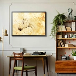 «Рисунок лошади на старой бумаге» в интерьере кабинета в стиле ретро над столом