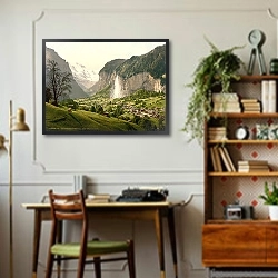 «Швейцария. Лаутербруннен и водопад Штауббах» в интерьере кабинета в стиле ретро над столом