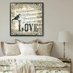 «Любовь. Птица на фоне нот» в интерьере спальни в стиле прованс над кроватью