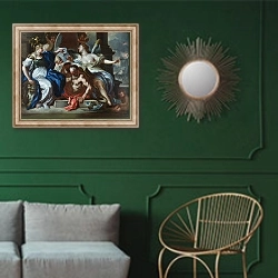 «An Allegory of Louis XIV» в интерьере классической гостиной с зеленой стеной над диваном