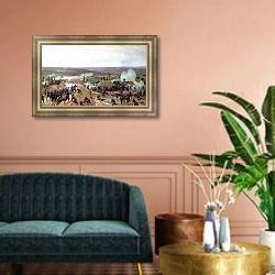 «Захват Гривицкого редута под Плевной. 1885» в интерьере классической гостиной с зеленой стеной над диваном