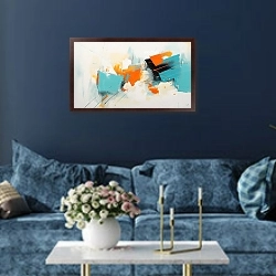 «Оранжево-бирюзовая симфония в движении» в интерьере современной гостиной в синем цвете