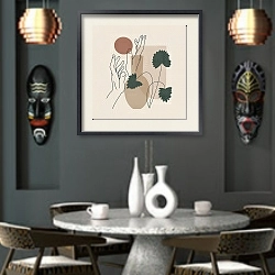 «Collage harmony 1» в интерьере зеленой гостиной в этническом стиле над диваном