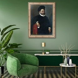 «Портрет Леонардо Сальвагно» в интерьере гостиной в зеленых тонах