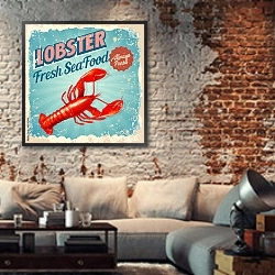 «Ретро плакат с лобстером» в интерьере гостиной в стиле лофт с кирпичной стеной