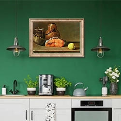 «Still Life with a Piece of Salmon, a Lemon and Kitchen Utensils» в интерьере кухни с зелеными стенами