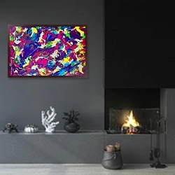 «Абстракция, акриловые краски» в интерьере гостиной в стиле минимализм с камином