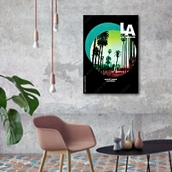 «Лос-Анжелес, современный плакат» в интерьере в стиле лофт с бетонной стеной