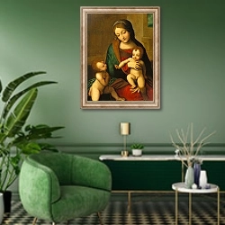 «Madonna and Child with the Infant Saint John, c. 1510» в интерьере гостиной в зеленых тонах