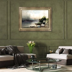 «На реке. 1898» в интерьере классической гостиной с зеленой стеной над диваном