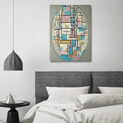 «Composition in Oval with Color Planes 1» в интерьере спальне в стиле минимализм над кроватью