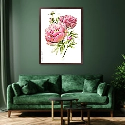 «Ветка розовых пионов» в интерьере зеленой гостиной над диваном