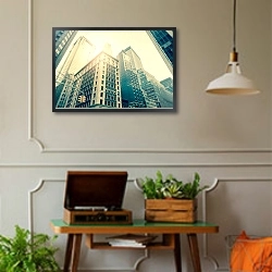 «США, Нью-Йорк. Wall Street Skyscrapers, Manhattan» в интерьере комнаты в стиле ретро с проигрывателем виниловых пластинок