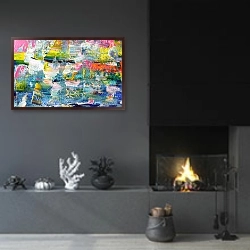«Абстрактная картина акриловыми красками 2» в интерьере гостиной в стиле минимализм с камином