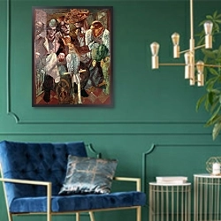 «The Ventriloquist, 1987» в интерьере зеленой гостиной над диваном