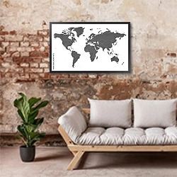 «Контурная карта мира серая» в интерьере гостиной в стиле лофт над диваном