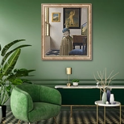 «Молодая женщина у клавесина 2» в интерьере гостиной в зеленых тонах