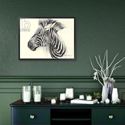 «Baby Zebra, 2000» в интерьере прихожей в зеленых тонах над комодом