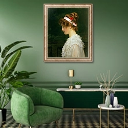 «Profile of a young girl» в интерьере гостиной в зеленых тонах