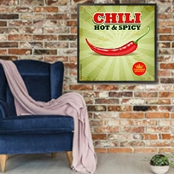 «Ретро плакат с чили перцем» в интерьере в стиле лофт с кирпичной стеной и синим креслом