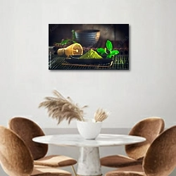 «Порошок чая маття. Органическая зеленая чайная церемония» в интерьере кухни над кофейным столиком