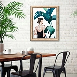 «Девушка в листьях» в интерьере столовой в скандинавском стиле с кирпичной стеной