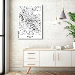 «План города Москва, Россия, в белом цвете» в интерьере комнаты в скандинавском стиле над тумбой
