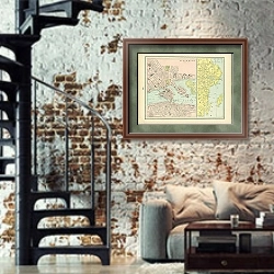 «Карта Стокгольма (Швеция)» в интерьере двухярусной гостиной в стиле лофт с кирпичной стеной