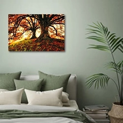 «Осенние деревья 1» в интерьере современной спальни в зеленых тонах