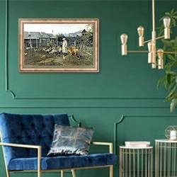 «Утренний привет. 1897» в интерьере классической гостиной с зеленой стеной над диваном