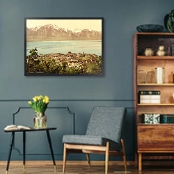 «Швейцария. Живописный вид города Монтрё» в интерьере гостиной в стиле ретро в серых тонах